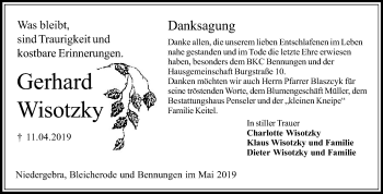 Traueranzeige von Gerhard Wisotzky von Mitteldeutsche Zeitung Sangerhausen