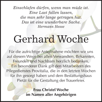 Traueranzeige von Gerhard Woche von Mitteldeutsche Zeitung Bitterfeld
