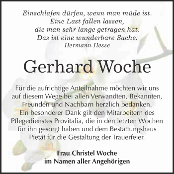 Traueranzeige von Gerhard Woche von WVG - Wochenspiegel Bitterfeld
