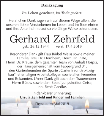 Traueranzeige von Gerhard Zehrfeld von WVG - Wochenspiegel Dessau / Köthen