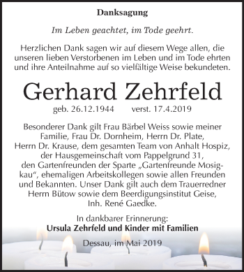 Traueranzeige von Gerhard Zehrfeld von Mitteldeutsche Zeitung Dessau-Roßlau