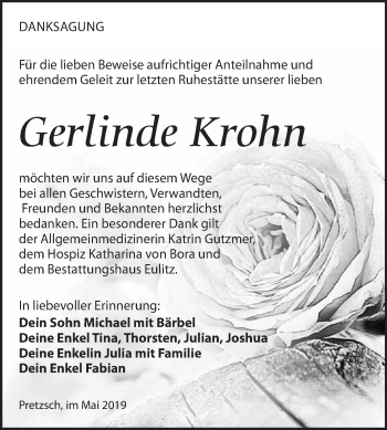 Traueranzeige von Gerlinde Krohn von Super Sonntag Wittenberg