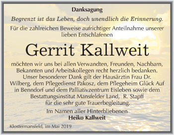 Traueranzeige von Gerrit Kallweit von Mitteldeutsche Zeitung