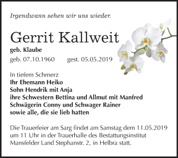 Traueranzeige von Gerrit Kallweit von Mitteldeutsche Zeitung