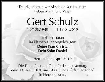 Traueranzeige von Gert Schulz von Mitteldeutsche Zeitung Mansfelder Land