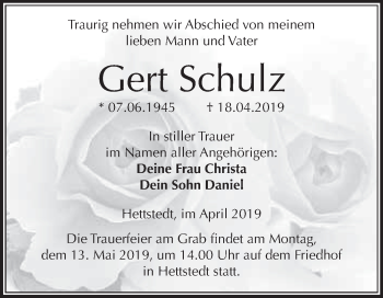 Traueranzeige von Gert Schulz von Wochenspiegel Mansfelder Land