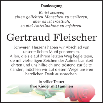 Traueranzeige von Gertraud Fleischer von Mitteldeutsche Zeitung Weißenfels