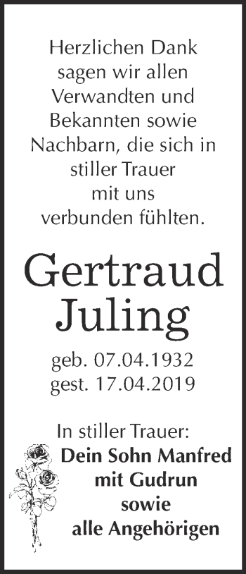 Traueranzeige von Gertraud Juling von Super Sonntag Wittenberg