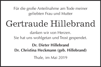 Traueranzeige von Gertraude Hillebrand von Super Sonntag Quedlinburg