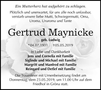 Traueranzeige von Gertrud Maynicke von Mitteldeutsche Zeitung Bernburg