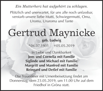 Traueranzeige von Gertrud Maynicke von Super Sonntag Bernburg