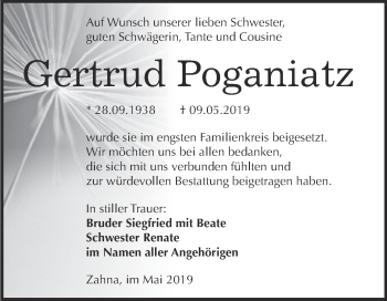 Traueranzeige von Gertrud Poganiatz von Super Sonntag Wittenberg