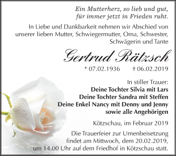 Traueranzeige von Gertrud Rätzsch von Mitteldeutsche Zeitung Merseburg/Querfurt