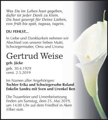 Traueranzeige von Gertrud Weise von WVG - Wochenspiegel Dessau / Köthen