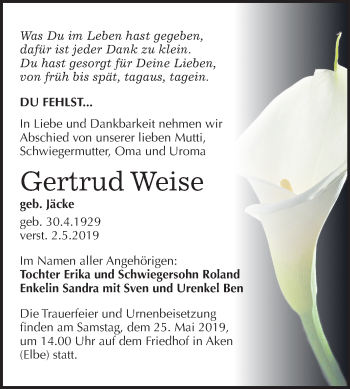 Traueranzeige von Gertrud Weise von Mitteldeutsche Zeitung Köthen