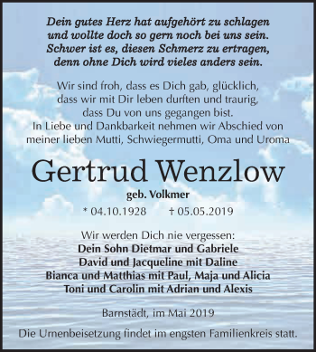 Traueranzeige von Gertrud Wenzlow von WVG - Wochenspiegel Merseburg