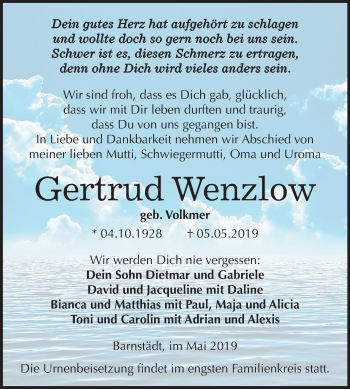 Traueranzeige von Gertrud Wenzlow von Mitteldeutsche Zeitung