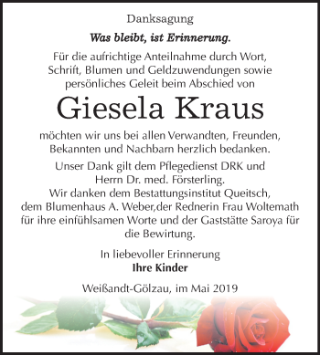 Traueranzeige von Giesela Kraus von Mitteldeutsche Zeitung Köthen