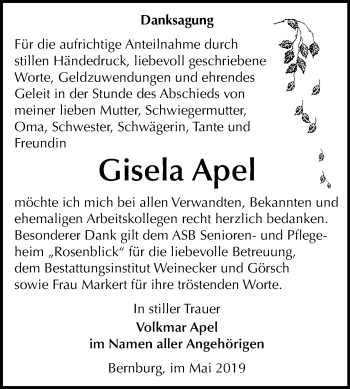 Traueranzeige von Gisela Apel von Mitteldeutsche Zeitung