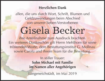 Traueranzeige von Gisela Becker von WVG - Wochenspiegel Merseburg