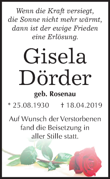 Traueranzeige von Gisela Dörder von Mitteldeutsche Zeitung Mansfelder Land