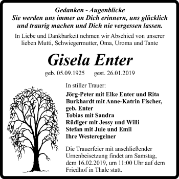 Traueranzeige von Gisela Enter von Mitteldeutsche Zeitung Quedlinburg
