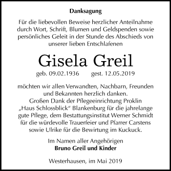 Traueranzeige von Gisela Greil von WVG - Wochenspiegel Quedlinburg