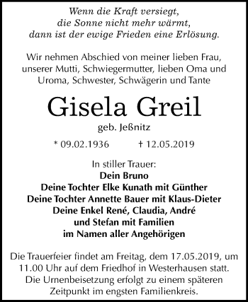 Traueranzeige von Gisela Greil von Mitteldeutsche Zeitung Quedlinburg