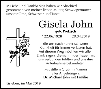 Traueranzeige von Gisela John von Wochenspiegel Mansfelder Land