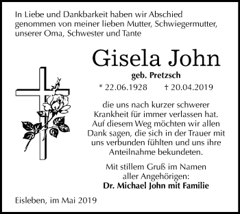 Traueranzeige von Gisela John von Mitteldeutsche Zeitung Mansfelder Land