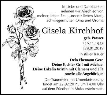 Traueranzeige von Gisela Kirchhof von Mitteldeutsche Zeitung Bitterfeld