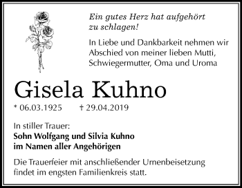 Traueranzeige von Gisela Kuhno von Mitteldeutsche Zeitung Halle/Saalkreis