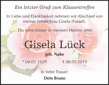 Traueranzeige von Gisela Lück von Super Sonntag Wittenberg
