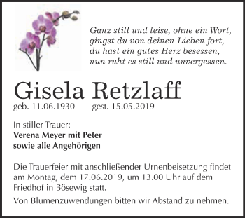 Traueranzeige von Gisela Retzlaff von WVG - Wochenspiegel Wittenberg