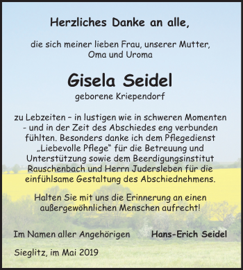 Traueranzeige von Gisela Seidel von Mitteldeutsche Zeitung