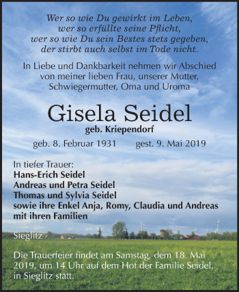 Traueranzeige von Gisela Seidel von Mitteldeutsche Zeitung