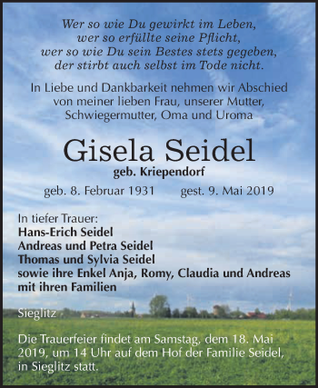 Traueranzeige von Gisela Seidel von WVG - Wochenspiegel NMB / WSF / ZTZ