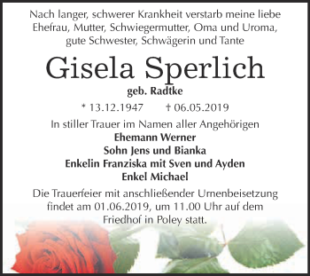 Traueranzeige von Gisela Sperlich von Super Sonntag Bernburg