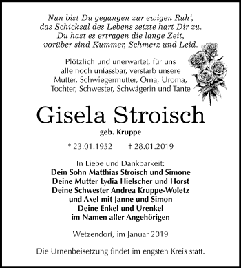 Traueranzeige von Gisela Stroisch von Mitteldeutsche Zeitung