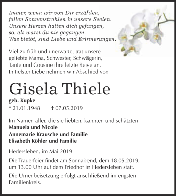Traueranzeige von Gisela Thiele von WVG - Wochenspiegel Quedlinburg