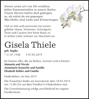 Traueranzeige von Gisela Thiele von Mitteldeutsche Zeitung Quedlinburg