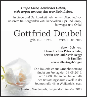 Traueranzeige von Gottfried Deubel von WVG - Wochenspiegel NMB / WSF / ZTZ