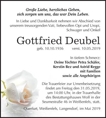 Traueranzeige von Gottfried Deubel von Mitteldeutsche Zeitung