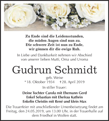 Traueranzeige von Gudrun Schmidt von WVG - Wochenspiegel Bitterfeld