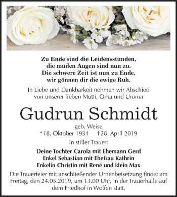 Traueranzeige von Gudrun Schmidt von Mitteldeutsche Zeitung