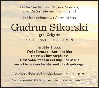 Traueranzeige von Gudrun Sikorski von Mitteldeutsche Zeitung Aschersleben