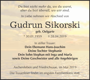 Traueranzeige von Gudrun Sikorski von Super Sonntag Aschersleben