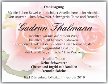 Traueranzeige von Gudrun Thalmann von Mitteldeutsche Zeitung Merseburg/Querfurt