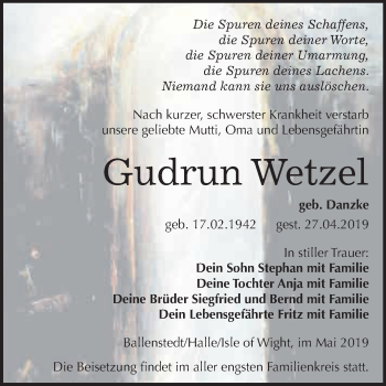 Traueranzeige von Gudrun Wetzel von WVG - Wochenspiegel Quedlinburg