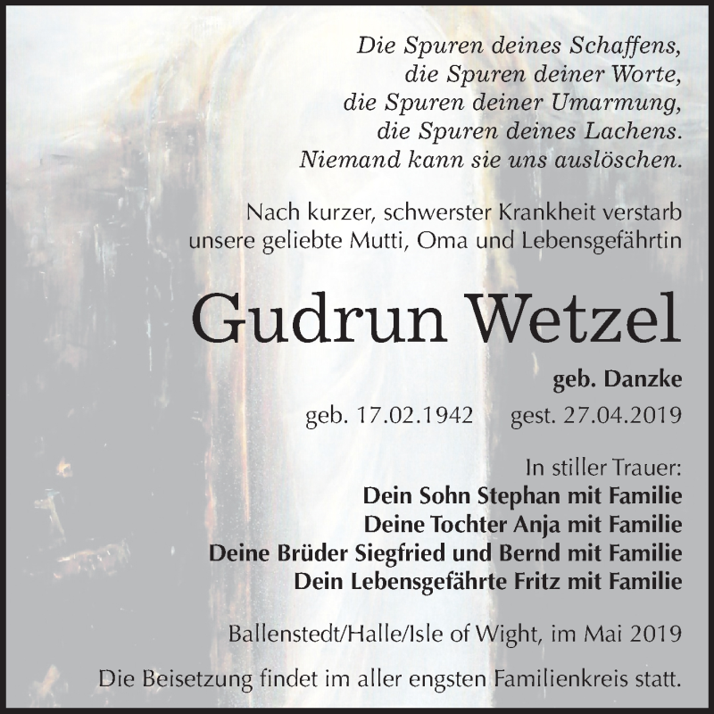  Traueranzeige für Gudrun Wetzel vom 10.05.2019 aus Mitteldeutsche Zeitung Halle/Saalkreis